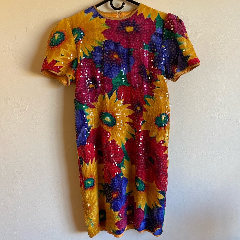 1980s does 1960s vintage psychedelic Albert nipon sequin silk floral dress 10
